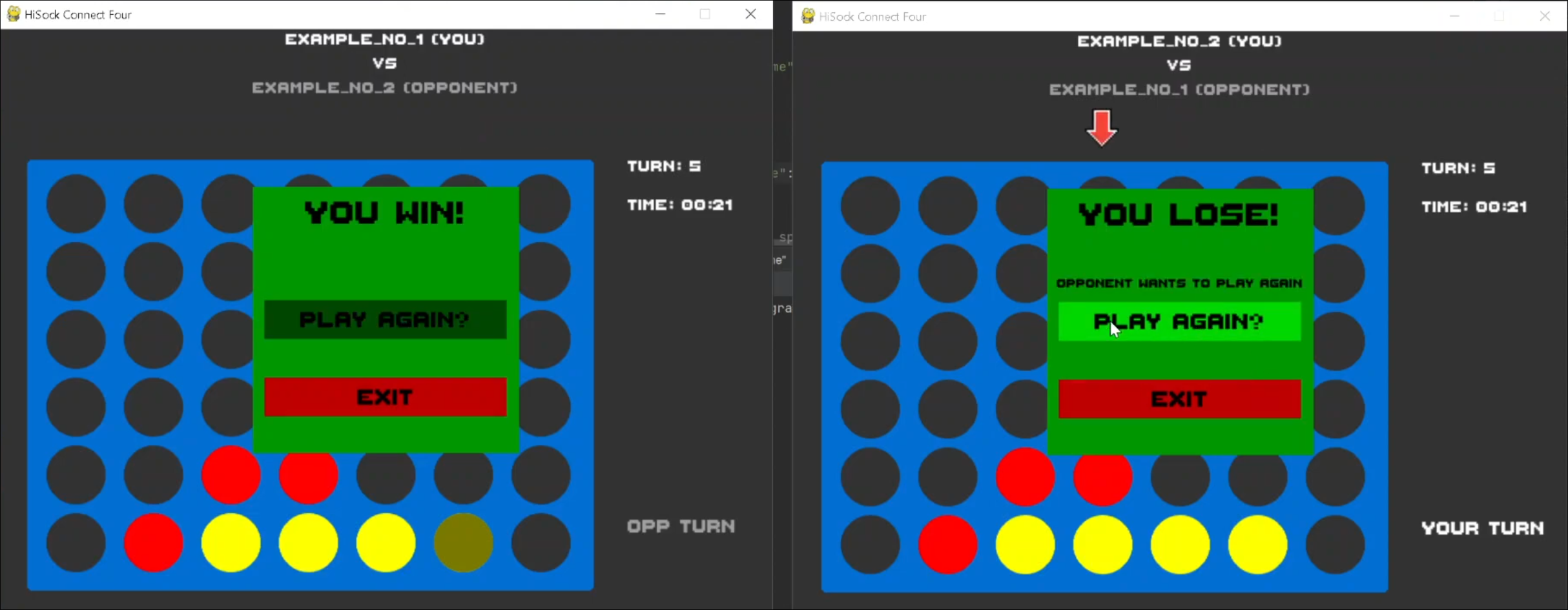 Screenshot of an ongoing Connect Four game made with Hisock