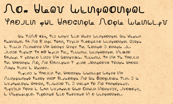 Screenshot of a sample of text, written in the Yünticu writing script